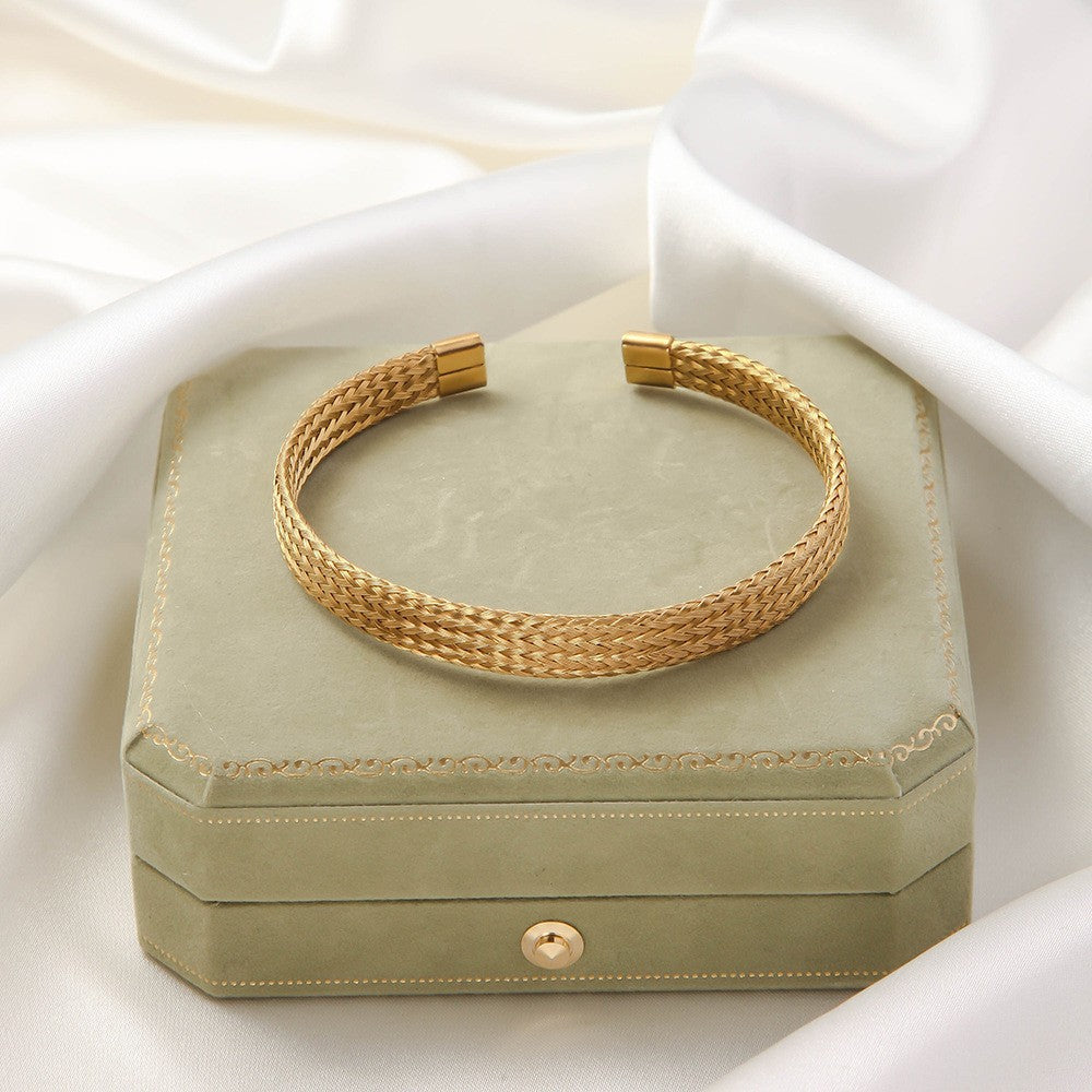 Irregular Knitted Cable-Design Open Womens Fashionable Stainless Steel Bracelet