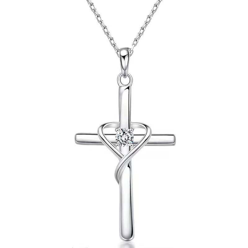 Easter Heart-Shaped Cross Diamond-Encrusted Pendant Necklace For Women