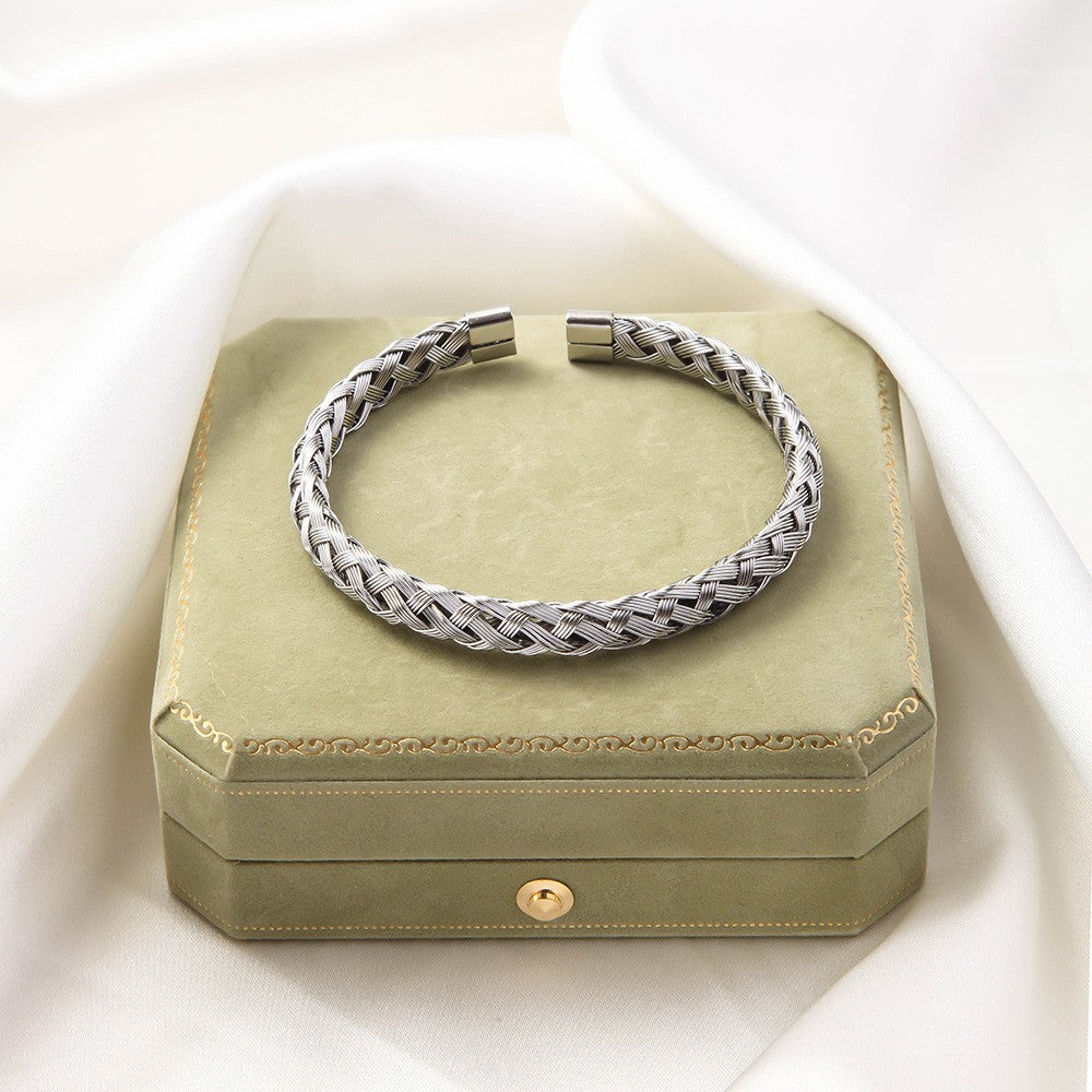 Irregular Knitted Cable-Design Open Womens Fashionable Stainless Steel Bracelet